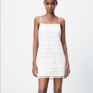 Zara White Crochet Mini Dress with Spaghetti Straps